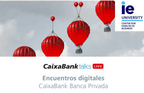 A promotional banner featuring red balloons in the sky for an online event titled 'CaixaBank talks LIVE' hosted by IE University and CaixaBank Banca Privada.