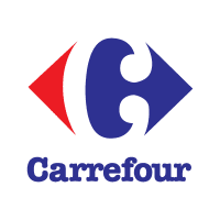 Logo of Carrefour, featuring a two-tone blue and red design with abstract shapes.