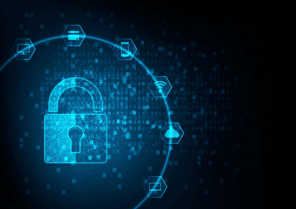 A digital illustration of a blue cybersecurity concept with a glowing padlock and connected nodes on a binary code background.