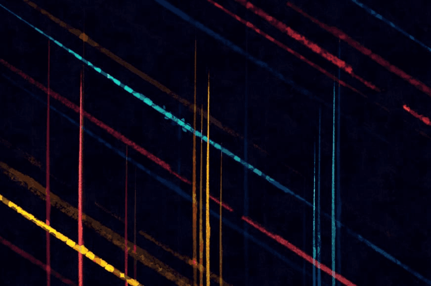 Colorful diagonal light streaks on a dark background.
