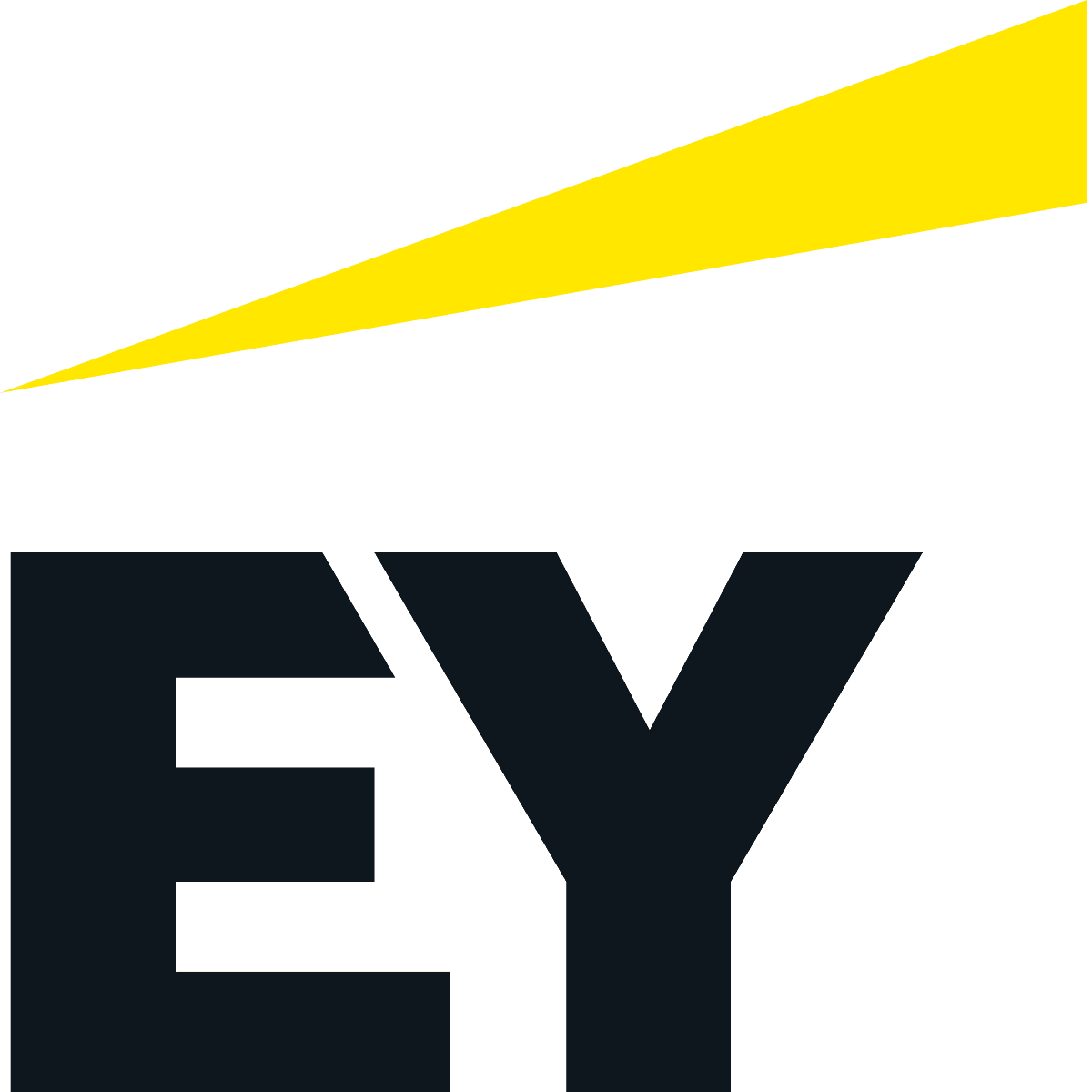This image shows the logo of EY, featuring the letters 'EY' in bold black font with a bright yellow diagonal slash above.
