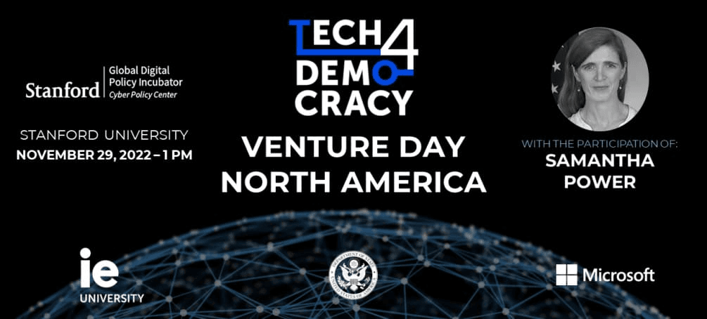 Promotional banner for Tech4Democracy Venture Day North America at Stanford University featuring Samantha Power, scheduled for November 29, 2022.