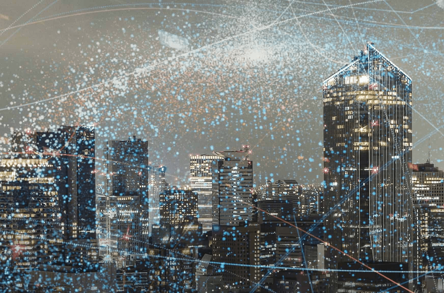 A digital composite image of a city skyline at night with overlaid futuristic network connections and glowing dots.