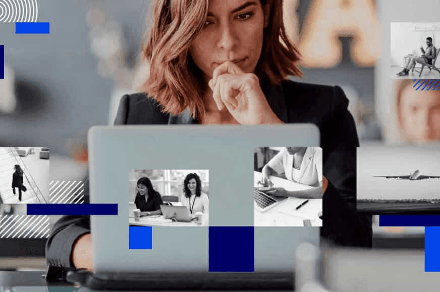 A focused woman working on a laptop with multiple image overlays depicting office scenes.