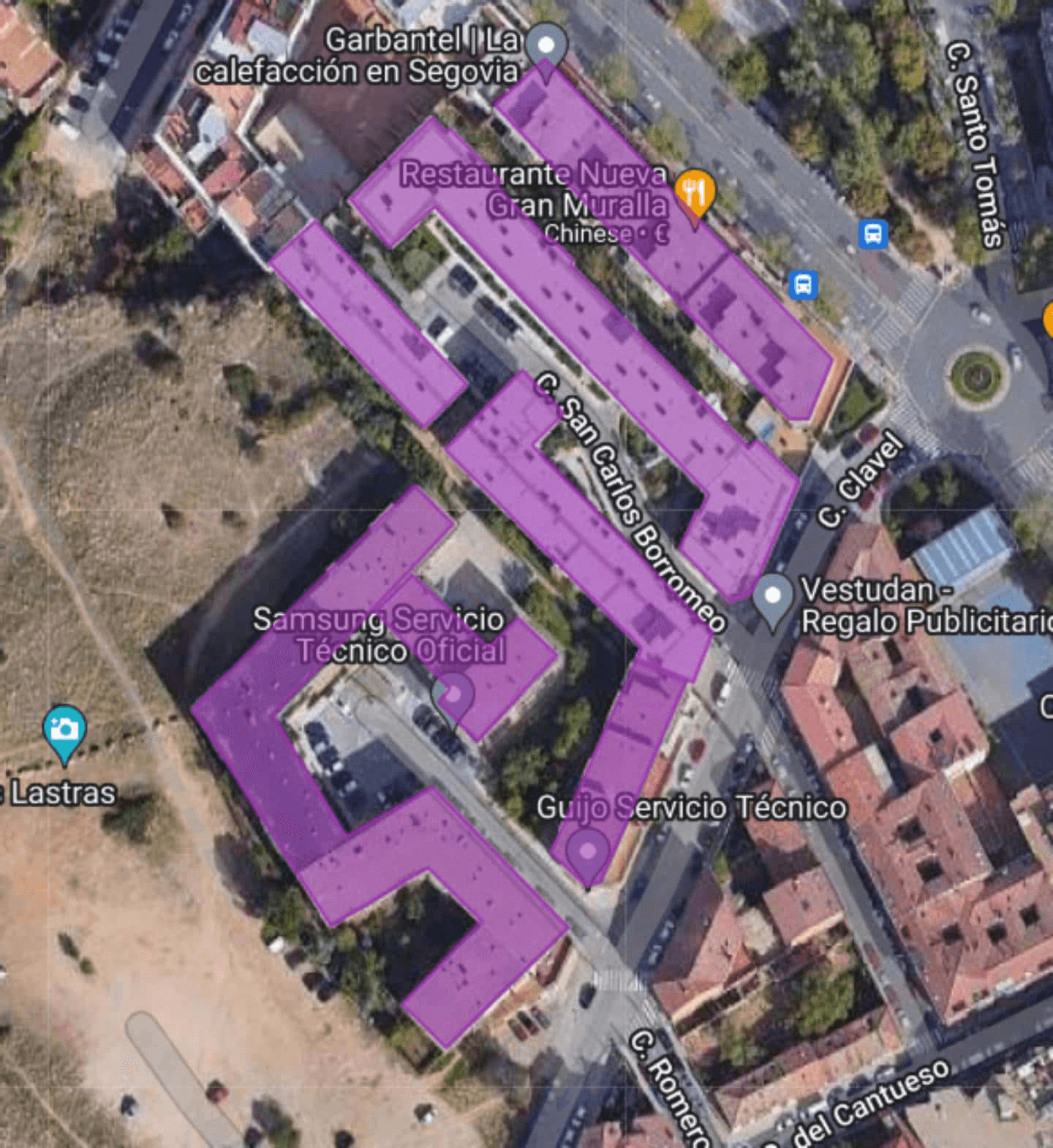 Map of Segovia showing the chosen areas of green garden roofs implementation