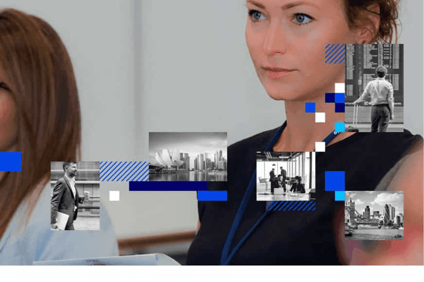 A collage image featuring a woman in a meeting room with superimposed smaller images of different urban scenes and people in business attire.