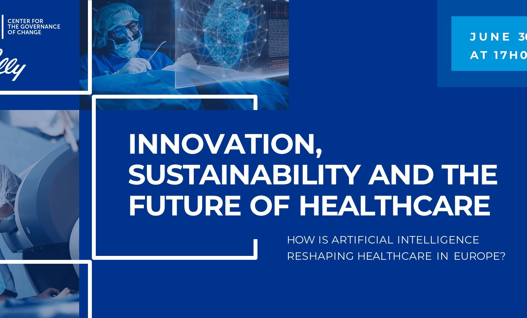 A promotional image for a healthcare event, focusing on innovation, sustainability, and the future of healthcare with references to artificial intelligence.