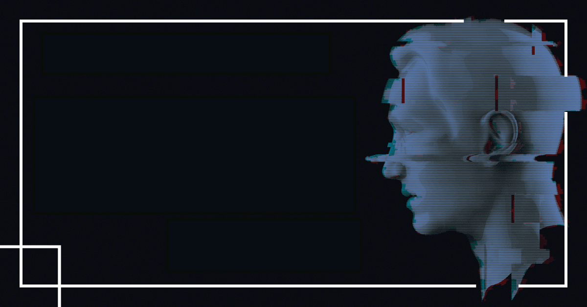 A digital graphic of a human head profile with glitch art effects on a dark background.