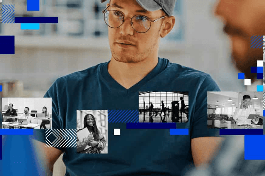 A young man in glasses and a blue shirt listens intently in a distracted office environment overlaid with smaller images depicting diverse professional settings.