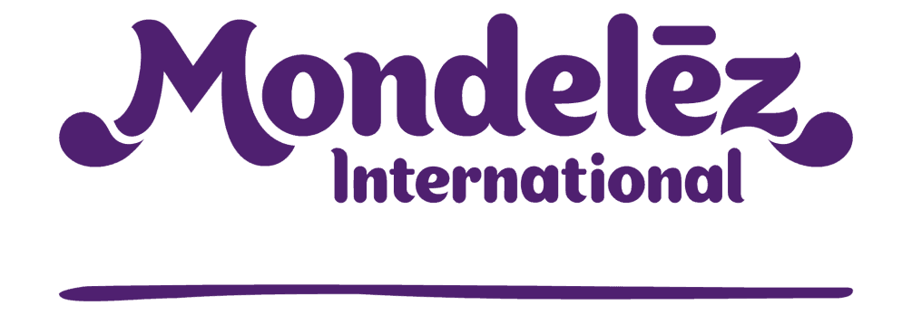 Logo of Mondelez International in purple on a black background.