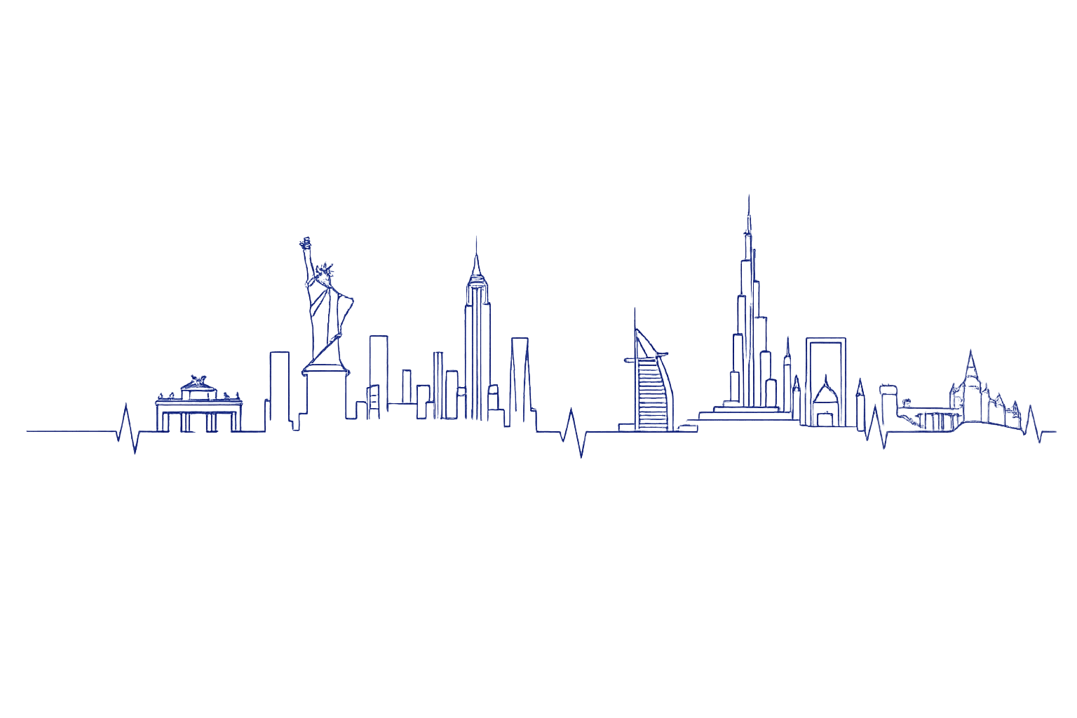 A minimalist skyline illustration featuring iconic landmarks from various cities.