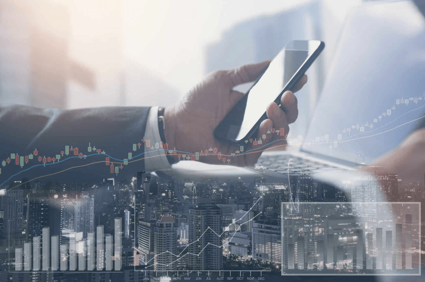 A businessperson using a smartphone with superimposed images of financial charts and a cityscape.
