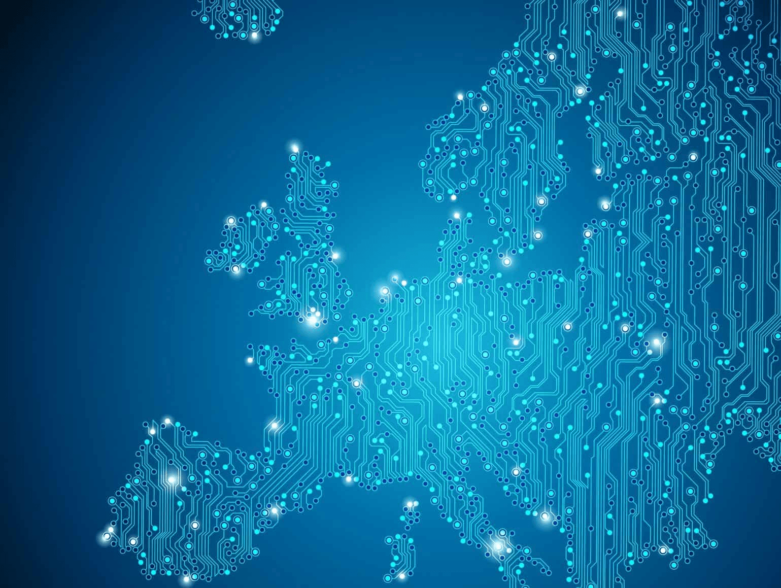 A digital blue circuit board design resembling a map of Europe.