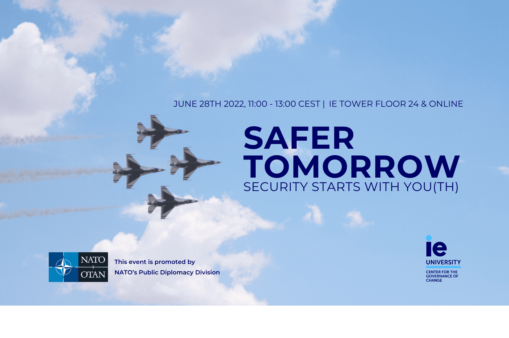 Advertisement for a NATO event titled 'Safer Tomorrow', featuring a flight of four military jets in formation against a clear sky, with text details about the event date and sponsors.
