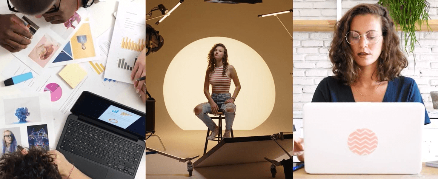 Marketing collage: woman with a computer, woman un a photoshoot, photos over a table