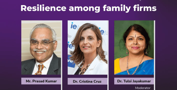 Banner depicting three professionals, titled 'Resilience among family firms', featuring Mr. Prasad Kumar, Dr. Cristina Cruz, and Dr. Tulsi Jayakumar.