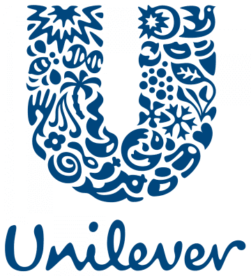 A blue Unilever logo composed of various icons such as flowers, animals, and fruits forming the shape of a large 'U'.