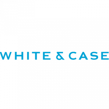 The image shows the logo of White & Case in blue letters on a black background.